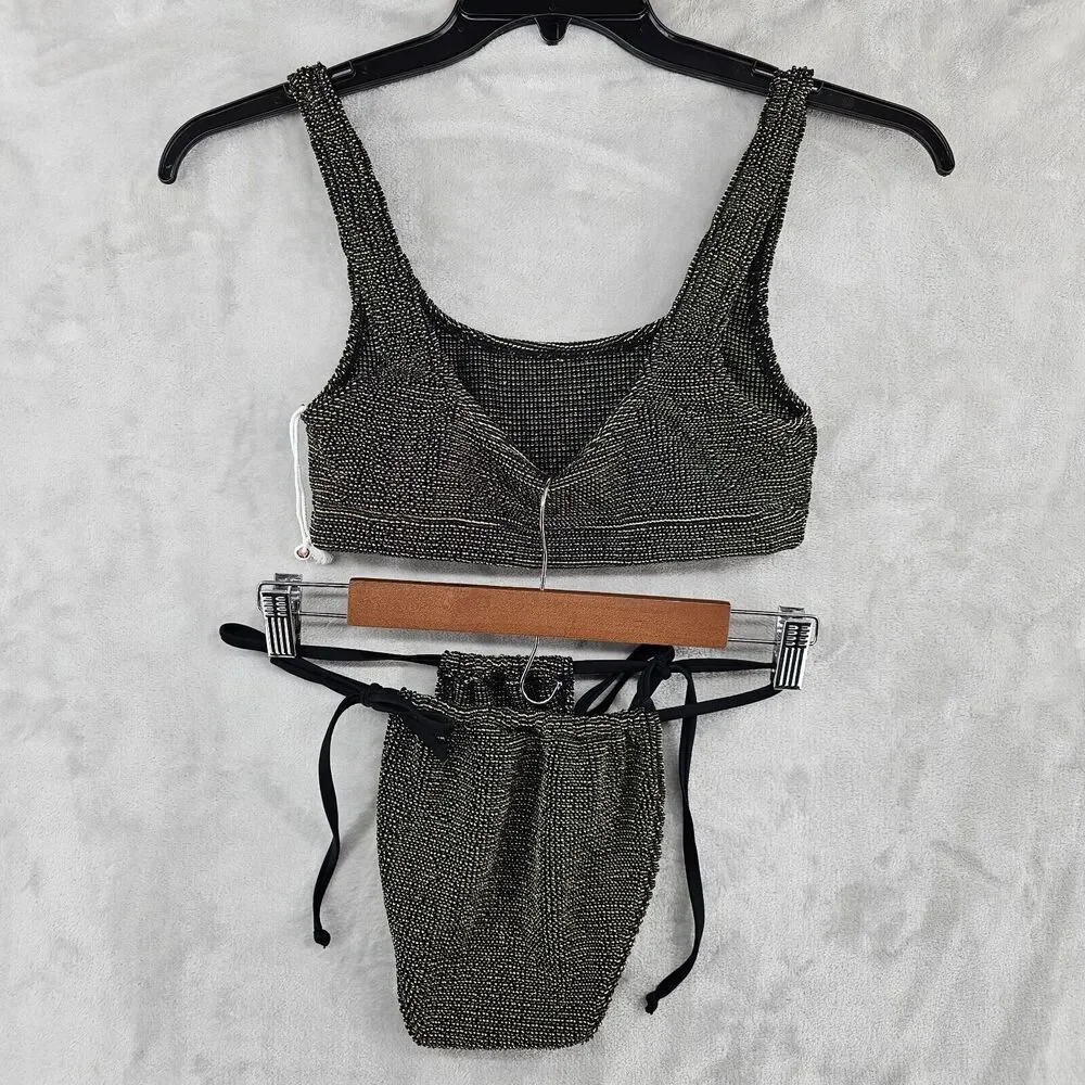 Good American Womens swimsuit Bikini 2 Piece Black &Gold Size 1/2‎